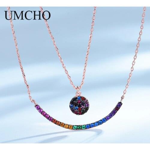 UMCHO 925 Sterling Pink Gold Colorful Zircon Pendant Necklace Romantic Party Gifts For Women Girls Princess Elegant Fine Jewelry