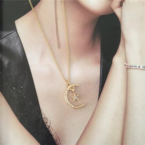 2020 New Trendy Gold Color Plating Clear Stone Star in the Moon Pendant Necklace For Women Girl Lady Gift Party Decoration Daily