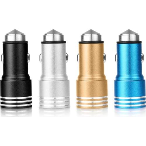 2 in 1 Aluminium Dual USB Car Charger Stainless Steel Emergency Hammer 5V 2.1A Cigarette Lighter Chargers for iPhone 6 7 Samsung