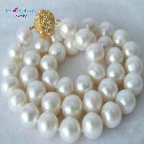 Free shopping! Genuine 9-10MM White Akoya Cultured Pearl gold Necklace 18'' AAA