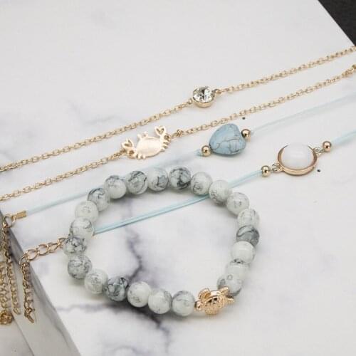 Women Bohemian Bracelets Sets Jewelry Vintage Natural Stone Beads Crystal Chain Bracelet 5pcs/set Turtle Crab Heart Bracelets