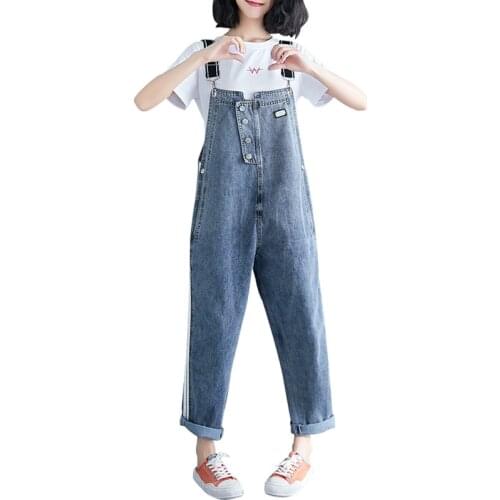 Denim Jumpsuits Women 2021 Retro Cotton Loose Womens Pockets Ankle-length Pants Solid Casual Korean Bodysuits