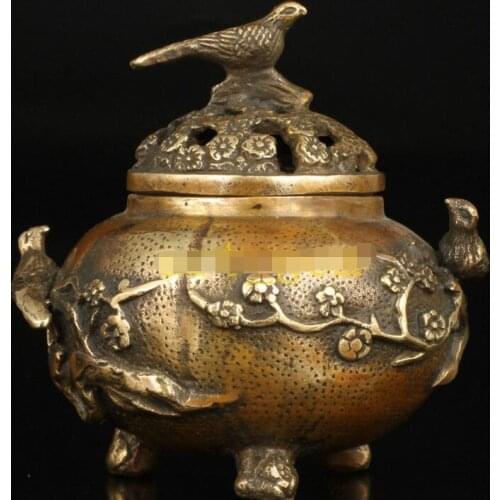 China Vintage Collectible Old Hand Plum Blossom Magpie Decorative Brass Censer