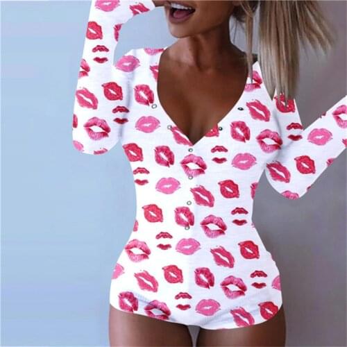 Sexy Women Jumpsuits Long Sleeve Deep V Neck Bodycon Stretch Leotard Leopard Tops Button Short Romper Sleepwear Overalls