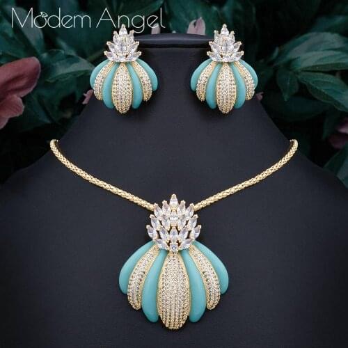 ModemAngel New Luxury Exclusive Circle Necklace Earring Sets For Women Wedding Bridal Cubic Zircon Dubai High End Jewelry Set