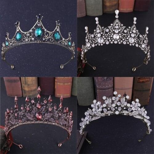Women Baroque Vintage Princess Hair Crown Handmade Artificial Black Rhinestone Quinceanera Wedding Hair Accessory Hairwear