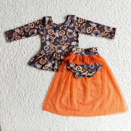 Top Selling Children Fashion Mesh Skirt Outfit Halloween And Christmas Long Sleeve Top Match Dress 2Pieces Set
