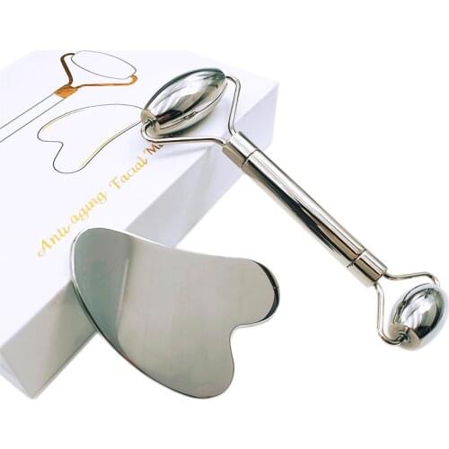 Metal Face Roller Gua Sha Set Stainless Steel Skin Care Firming Body Massage Anti Aging Guasha Scraper