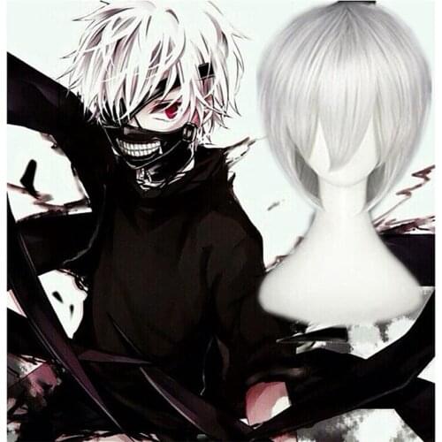 Wigs Tokyo Ghoul Kaneki Ken Wig Men Women Straight Silver Grey Black White Synthetic Short Hair Anime Cosplay Wig B15203AD