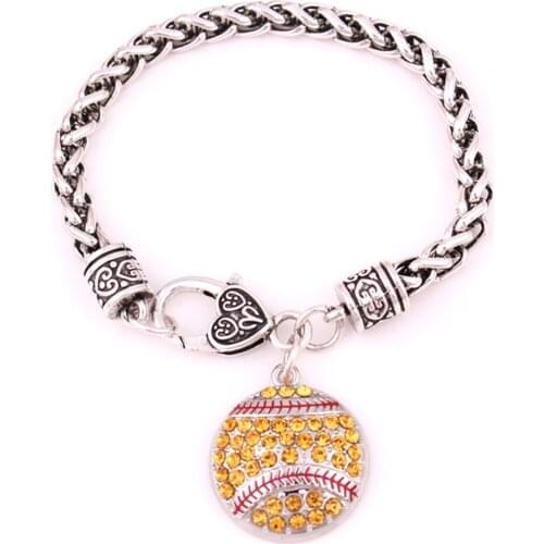 Charm Bracelet Sporty Style Baseball Shape Pendant Sparkling Crystals Pendant Wheat Link Chain Zinc Alloy Provide Dropshipping