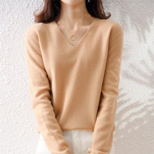 V-neck pullover womens cashmere sweater autumn and winter long-sleeved knitted bottoming sweater large size solid color sweater