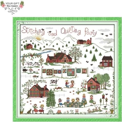 Joy Sunday Village Girls House Party Embroidery C179 14CT 11CT Counted and Stamped Home Decor Stitching Party Cross Stitch Kits