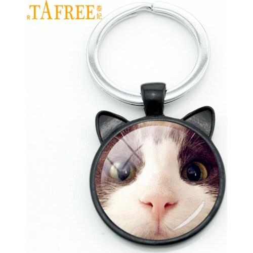 TAFREE Fashion Lovely Cat Keychain Animal Glass Round Gems Metal Key Chain Ring Holder For Men Women Keyring Jewelry CN795