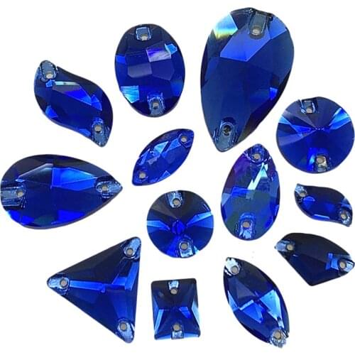 TopStone Sapphire Glass Crystal Sew On Stone Drop Round Rectangle Square Mix Shape Glass Rhinestones For Clothing bags