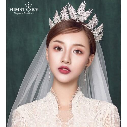 HIMSTORY Luxury Clear Crystal Feather Shape Bridal Tiaras Crown Wedding Hair Jewelry Accessories Headpiece Pageant hairwear