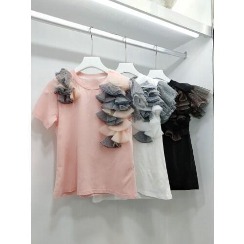 High Quality Summer Women Fashion Mesh Ruffles T-Shirt Tee Ladies Casual Tops 3 Color Ddxgz2 4.07