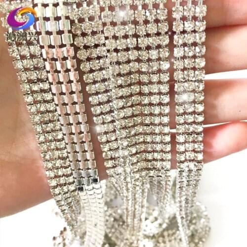 Factory sales Super flash 1 yard 3 rows clear white top glass crystal Rhinestone Chain, sew on for diy Garment Bags decorations