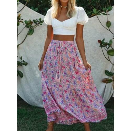 Happie Queens fashion Hippie women beach Bohemian pink floral print skirt High Elastic Waist A-Line Boho rayon Maxi Skirt Femme