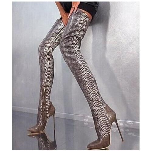 Women Fall Winter Over The Knee Snakeskin Boots Sexy Pointed Toe Patchwork Python Thigh High Boots Slim Fit Ladies Winter Shoes