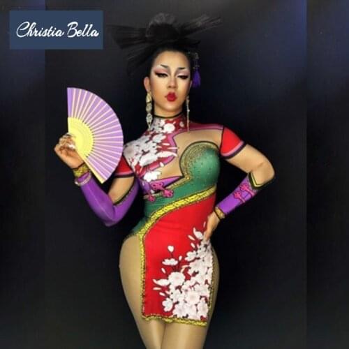 Christia Bella Fashion Floral Printing Women Cheongsam Sexy Nude Bodycon Dress Club Stage Dress High Slit Performance Costumes