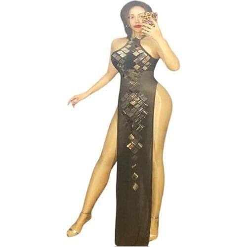 Women New Shiny Lens Tulle Black Shining Long Dress Celebrate Prom Party Dresses Sexy Bar Stage Dance Show Costume Dress