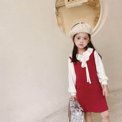 Girls ruffles collar knitted two color patchwork long sleeve princess dresses wholesale