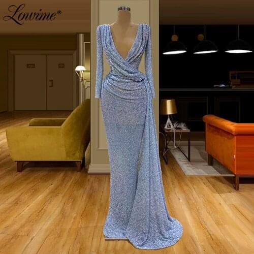 Glitter Deep V Neck Evening Dress Long Sleeves Women Party Gown 2020 Custom Made Long Mermaid Arabic Prom Dresses Robe De Soiree