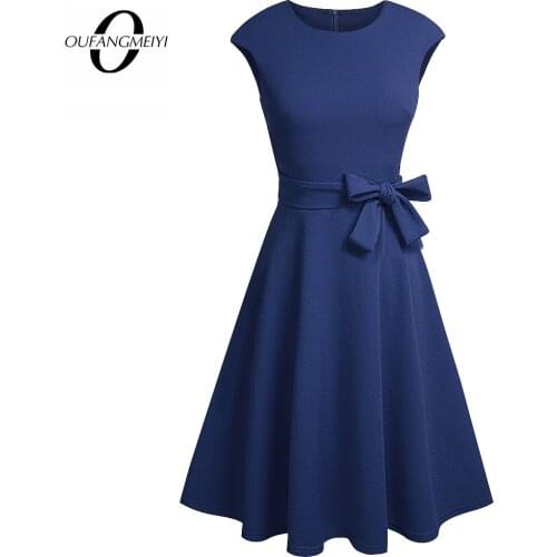 Women Vintage Pure Color O Neck Cap Sleeve Self-Tied Bow Knot Swing A-Line Dress EA266