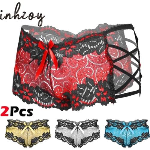 2Pcs Mens Sexy Lace Boxers Briefs See-though Bowknot Strappy Sissy Lingerie Underwear Nightwear