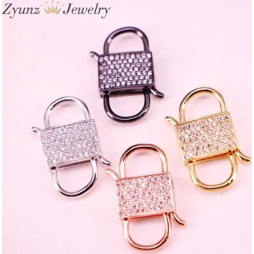 6PCS, Gold/Rose Gold/Black/Silver Color Lock Shape Metal Clasp Micro Pave CZ Clasp Component Jewelry Findings
