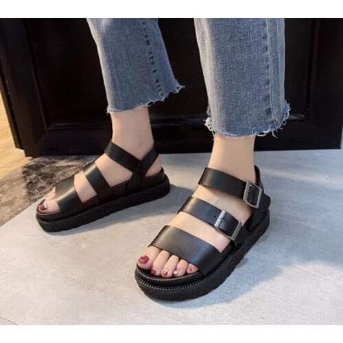 Summer Shoes Woman Flat Platform Sandals Women Soft Leather Casual Open Toe Gladiator Wedges Women Shoes Black Fashion 2021