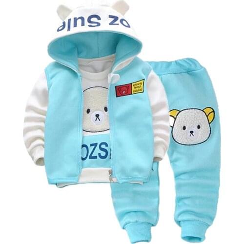 Childrens Autumn Winter Suit Baby Girls Hooded Vest + Plus Velvet Sweater + Pants 3pcs Casual Outfit Toddler Boys Clothing Set