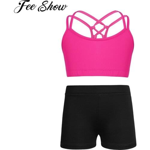 Kids Girls Criss Cross Back Tanks Bra Tops Crop Top Low Rise Activewear Dance Shorts Ballet Dance Stage Performance Workout Set