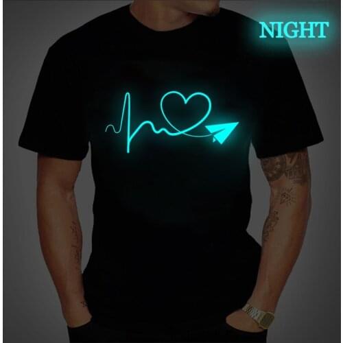 Brand Clothing Heartbeat Plane Love Print Funny T Shirt Tshirt Men Short Sleeve T-shirt Camiseta Luminous T-shirt Ropa Hombre