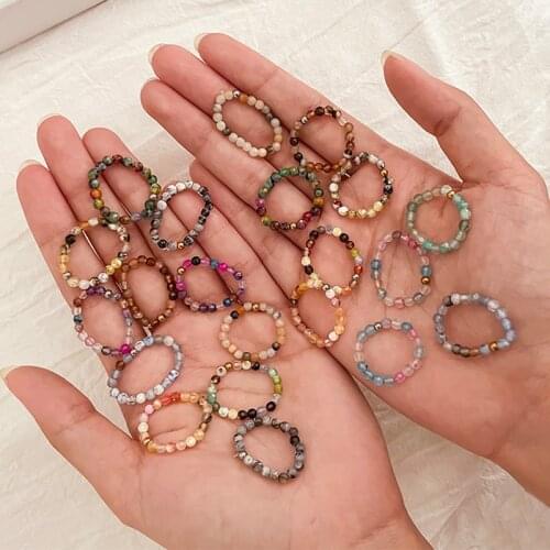 3mm Boho Natural Stone Beads Rings for Women Girls Cute Handmade Stainless Steel Ring Wholesale Jewelry Gifts Elastic Adjustable