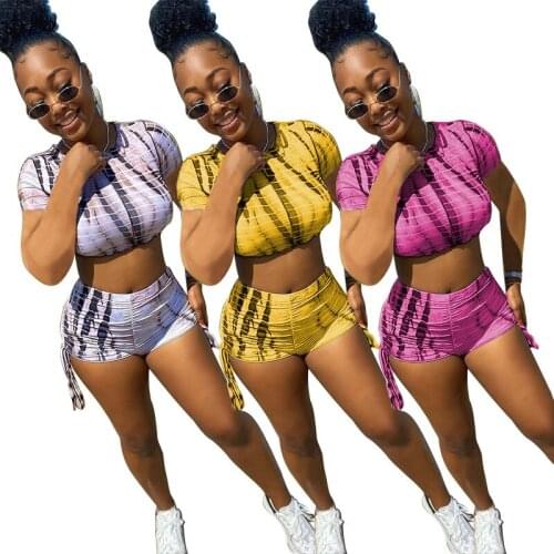 Echoine Women Print Pleat Bandage Two Piece Set Vest Crop Top and Biker Shorts Active Tracksuit Sweatsuit Summer Sexy Outfits