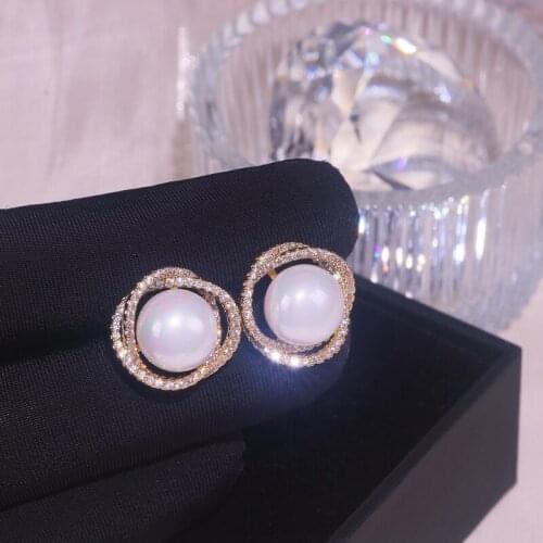 Korean Trendy Round Simulated Pearls Stud Earrings For Women Shiny Zirconia Stone Bridal Big Stud Ear Wedding Jewelry Oorbellen