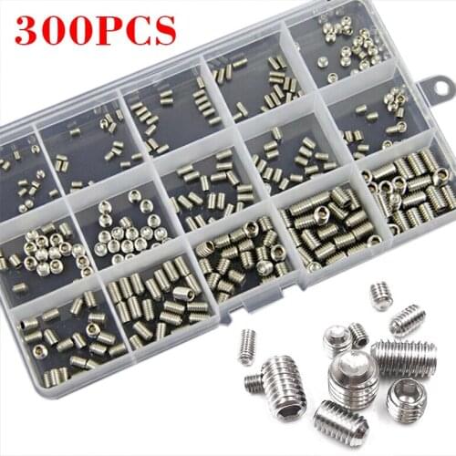 300pcs Head Socket Hex Grub Screw Assortment Cup Point Set Stainless Steel Headless Hex Socket Set Screw Grub Screws