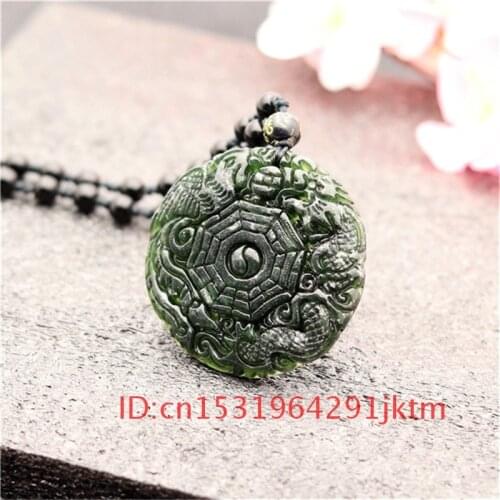 Natural Necklace Bagua Dragon Phoenix Pendant Carved Jewelry Men Gifts Obsidian Accessories Chinese Amulet Charm Black Jade