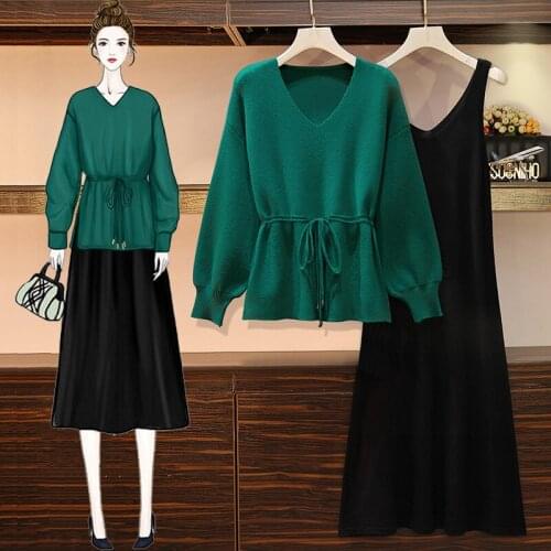 2020 New Fashion Plus Size V-neck Womens Knitted Sweater Spring Autumn Pullovers Slim Two-Piece Suit Dress For Women b628