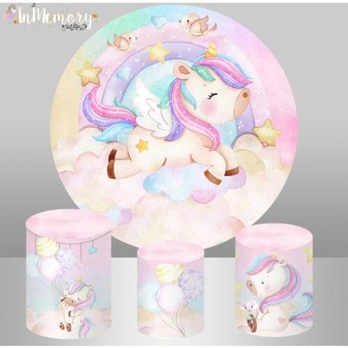 Baby Girl Unicorn Birthday Circle Backdrop Cover Star Rainbow Birthday Party Decoration Round Background Cake Table Banner