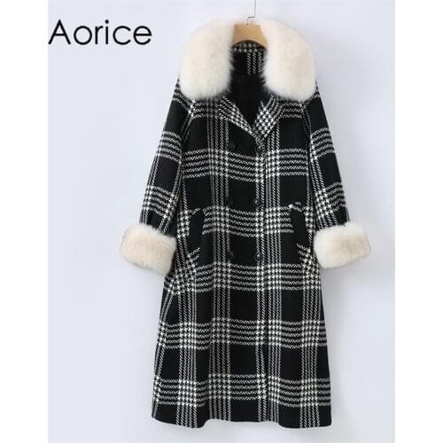 Aorice Women Real Fox Fur Collar Wool Blends Coat Jacket Parka Long Trench CT080