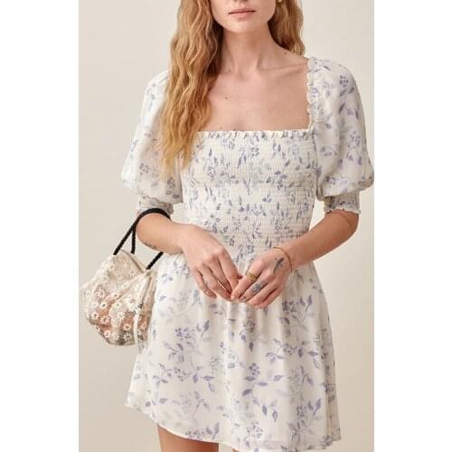 Girls Pastoral Style Leaf Print Dress Puff Sleeves Elastic Waist Square Neck Dress Girls Pure Mini Dress