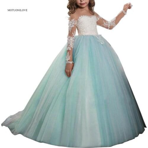 Transparent Long Sleeves Holy Communion Dresses Teen Costume Childrens Clothing Party Baby Flower Girl Ball Gown Princess Dress