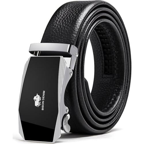 BISON DENIM Men Belt Automatic Alloy Buckle Genuine Leather Strap Business Belt Cow Leather Luxury Strap for Men N71475