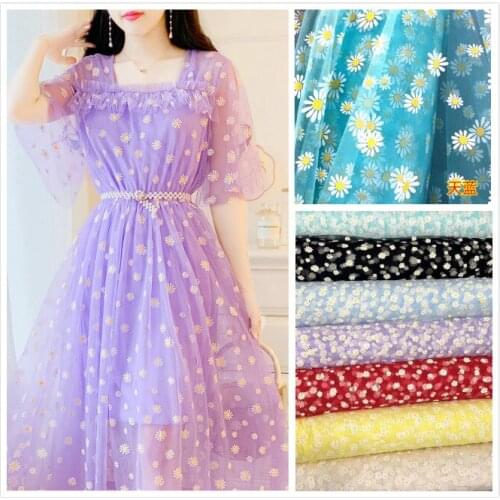 Mesh fabric multicolor small daisy printing soft lace Hanfu fabric wedding dress cheongsam skirt clothing fabric handmade cloth