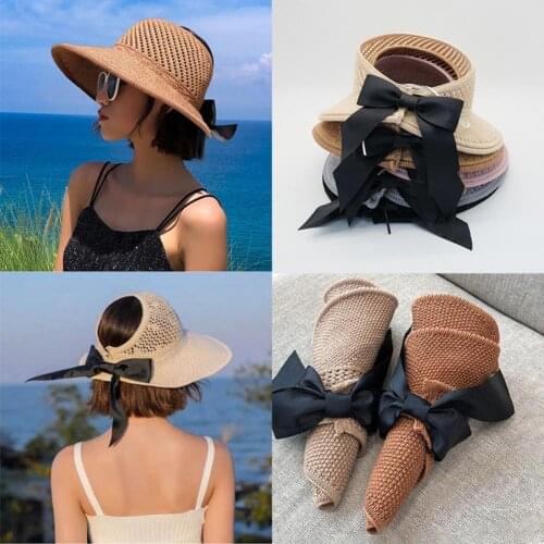 Summer Women Sun Visor UV Protective Anti Ultraviolet Bowknot Wide Large Brim Foldable Straw Hat Cap Outdoor femme Beach Cap