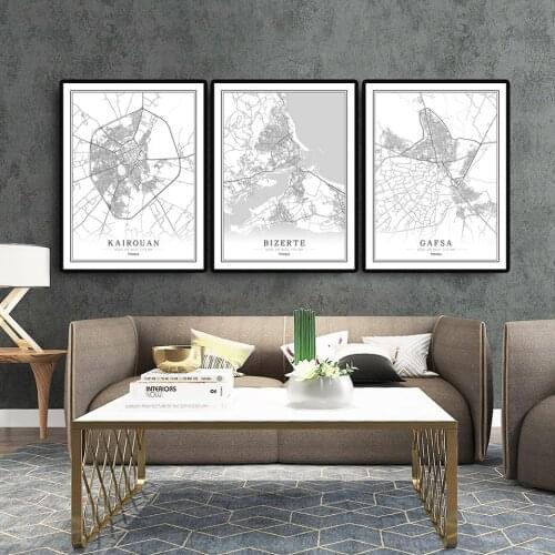 Tunisia Creative city map capital Abstract Canvas Paintings Black and white Wall Art Print Poster Picture Home Decoration