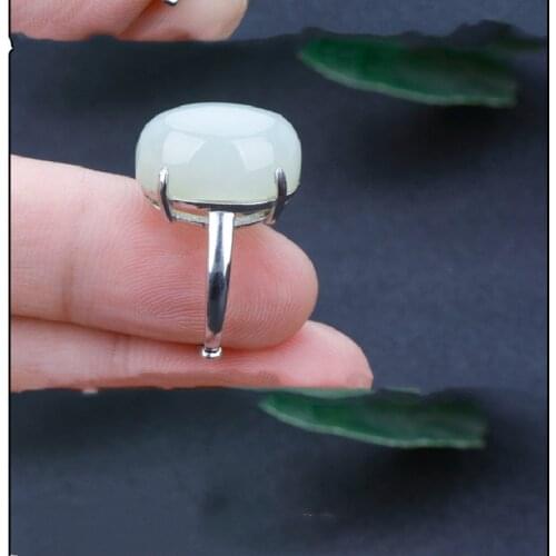 Xinjiang Hetian Jade White Jade Ring S925 Silver Live Mouth Adjustable Female Models Simple And Elegant