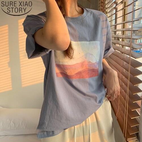 2021 Summer T Shirt for Women Fashion Landscape Print Casual Short Sleeve Cotton T-shirts Tees O-neck Tops Vintage Shirts 9999